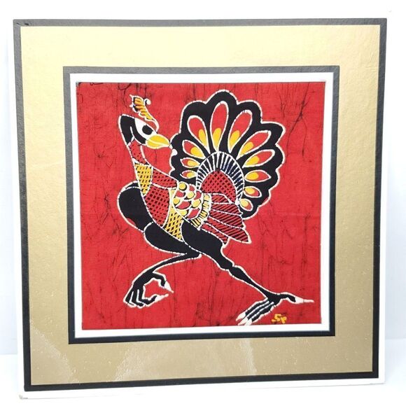 Vtg Indonesia Aswar Batik Collection Bird Peacock Ostrich Wall Decor Red RightFC - Picture 1 of 3